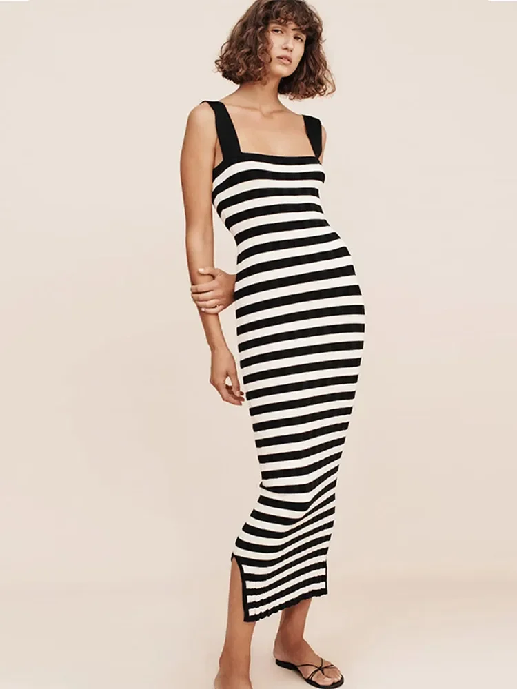 

Ximina Women Casual Knitted Sleeveless Long Dress Black & White Striped Bodycon Split Dresses Ladies Streetwear Vestido Feminino