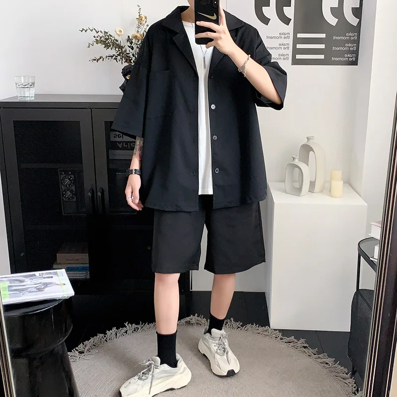 Men's Summer Loose Fitting Casual Suit Fahion Handsome Solid Color Half Sleeve Shirts Shorts Two Pieces Set
