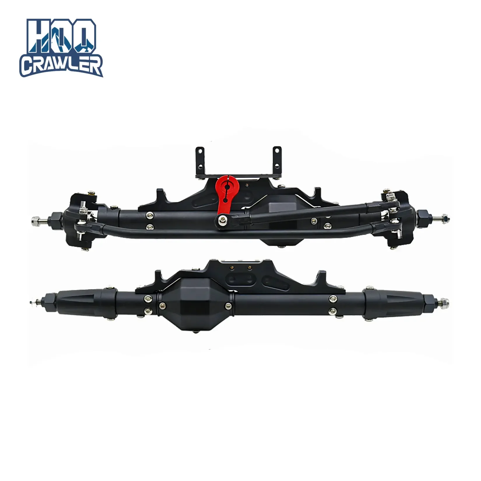 Vue éclatée des essieux avant et arrière pour crawler RC 1/10, compatibles Axial SCX10, avec pièces métalliques.