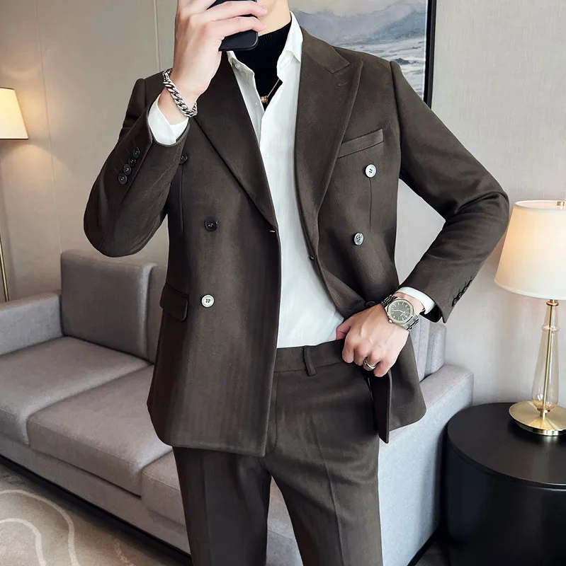 

2023 Slim suit Double Breasted (Blazer + western pants) High-end fashion handsome Blazer groom best man two-piece set