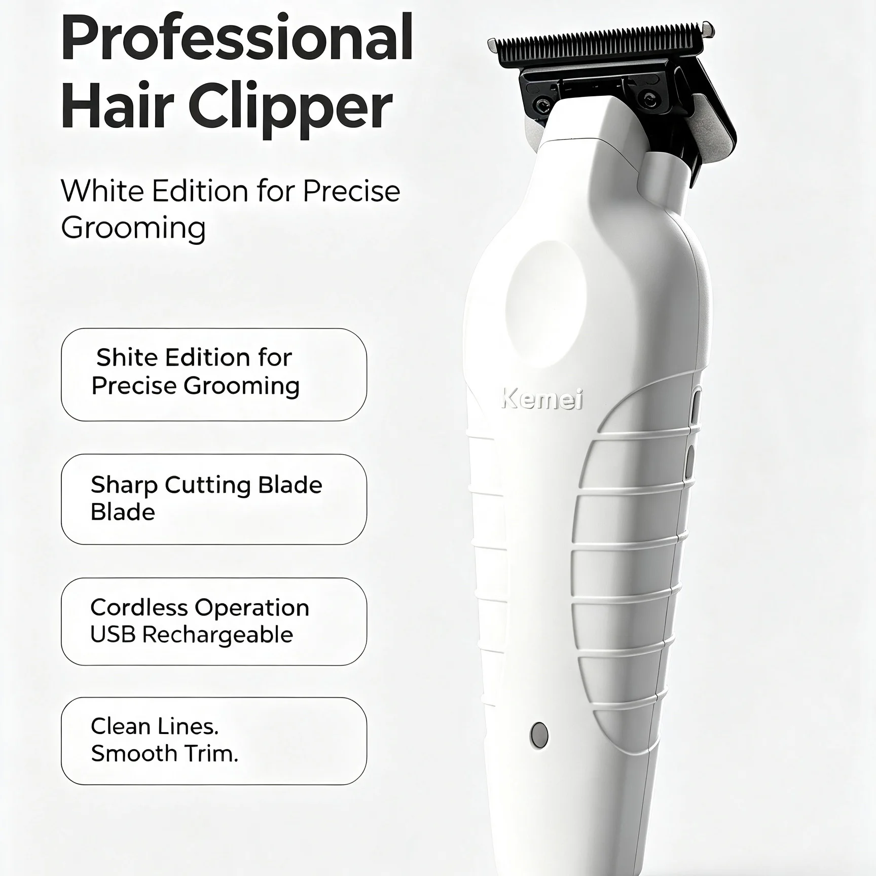 Kemei Cordless Electric Hair Trimmer for Men - Precision Barber Clipper in Sleek White Finish