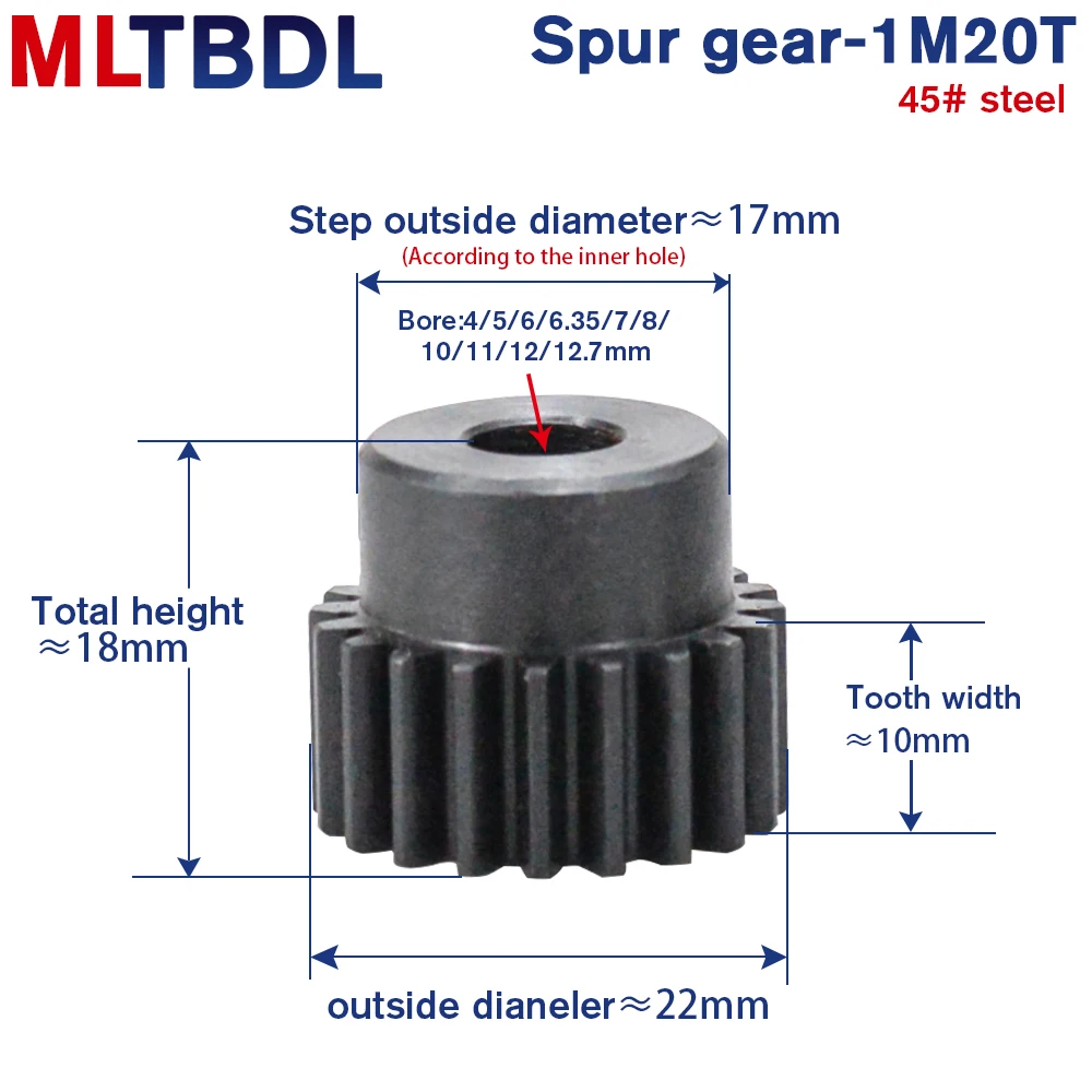 1 piece 1M20T spur gear hole 4/5/6.35/7/8/10/12/12.7 mm motor gear 45# carbon steel material high quality metal for motor