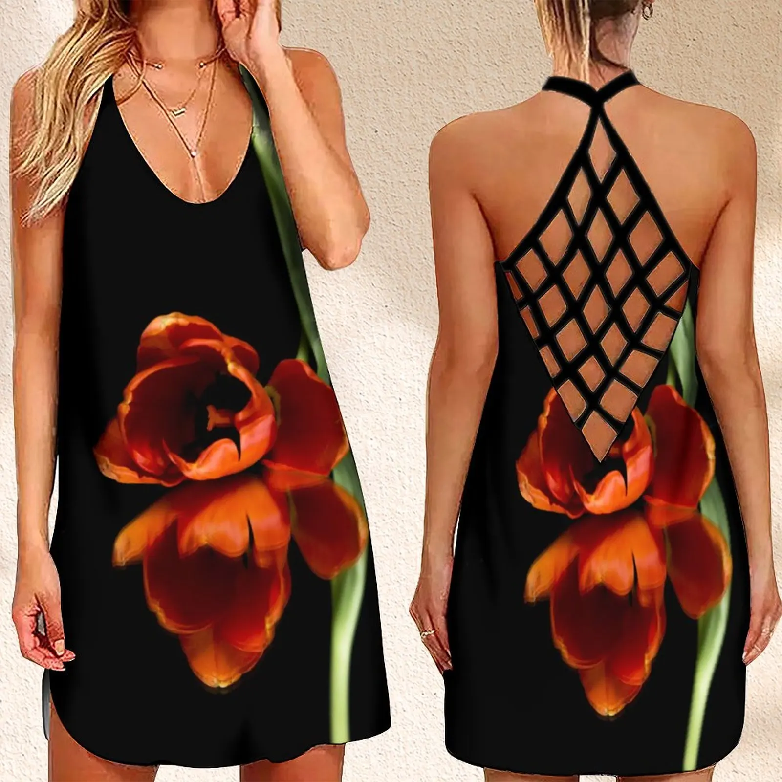 

Summer Women's Criss Cross Backless Sleeveless Dress BohoWomen's Summer Dress FlowerPrint Women's Dress