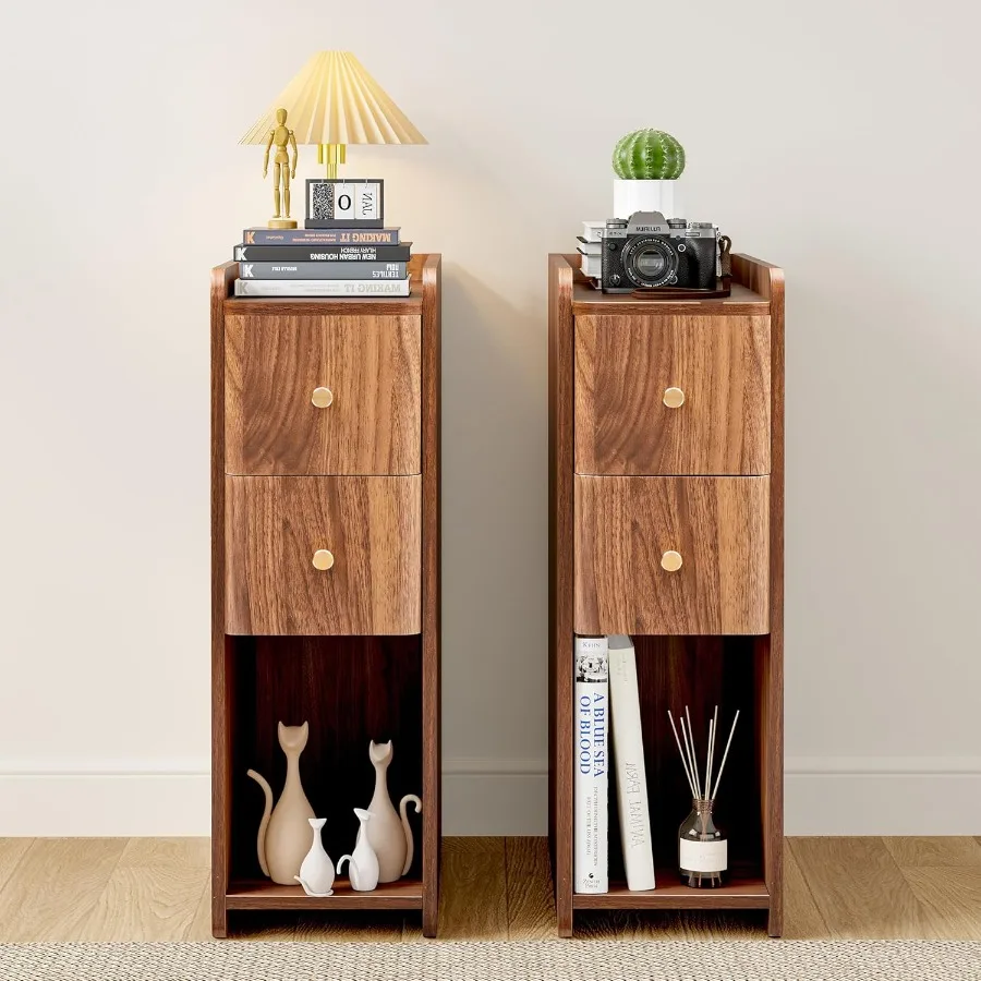 Narrow Nightstand Set of 2 Wooden Small 2 Drawer Nightstand Slim Side End Table Skinny Bedside Table Mid Century Modern Night S