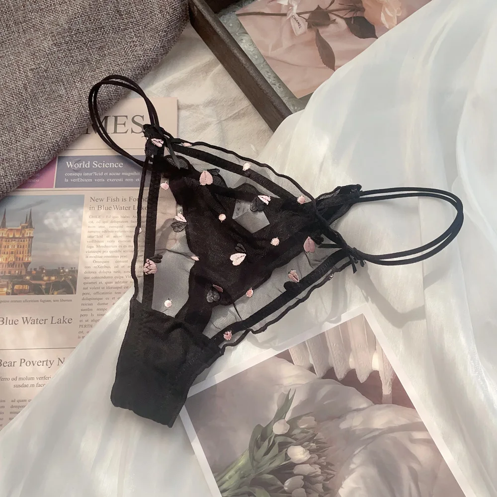 Women's thongs Embroidery Heart Lace Sexy Girls Briefs Women Seamless Bowknot G String Transparent Thong Underwear Low Waist