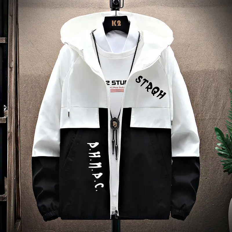 2023 New Men's Clothing Hooded Long Sleeve Autumn Winter Casual Sporty Retro Zipped Thin Letter Contrast Color Jackets