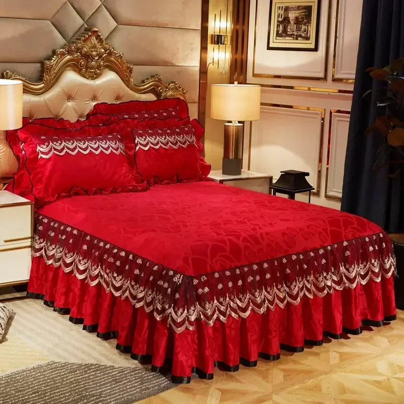3 Pcs Bedding Set Luxury Soft Bed Spreads Heightened Bed Skirt Adjustable Linen Sheets Queen King Size Cover with Pillowcases