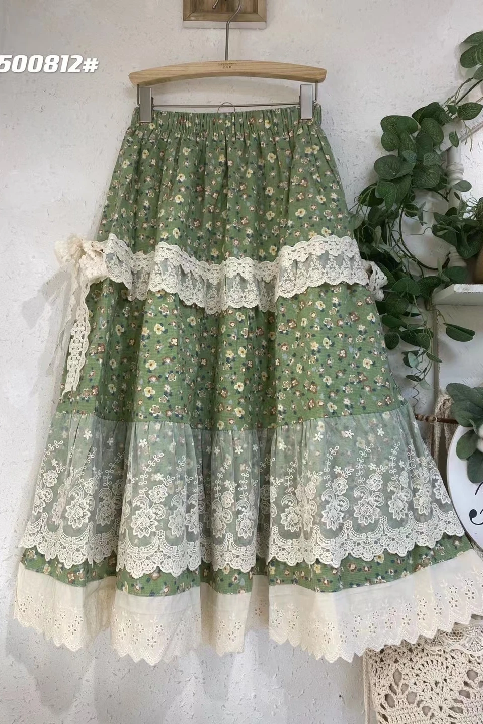 Spring New Sweet Lace Bandage Spliced Cotton Floral Skirt Women Elastic Waist Skirt HT500812