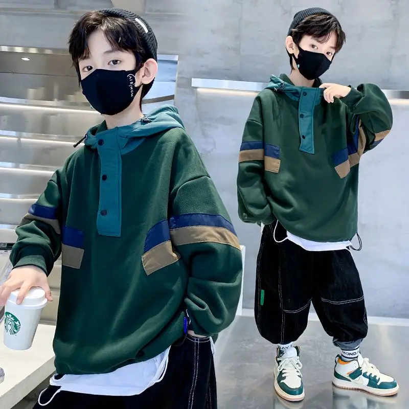 

Cool Boys' Hooded Sweatshirts Contrast Color Causal Loose Outwear 2023 Spring Autumn Korean Pullover Side Striped 5-14 Years Old