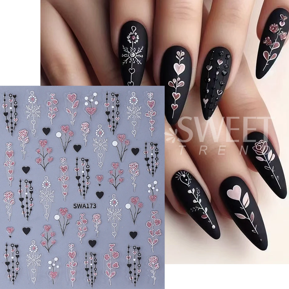 4pcs Valentine's Nail Stickers Black White Love Heart Lines Rose Design Adhesive Nail Decals DIY Sparkly Manicure Decor Sliders