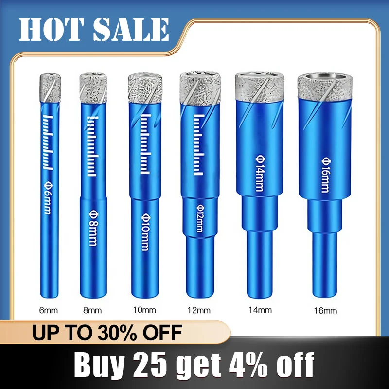 Taladro de 1 / 5pcs 6 / 8 / 10 / 12 / 14 / 16 mm taladro de núcleo recubiertos de diamante para herramientas de perforación en seco de cerámica de cuarzo de mármol de vidrio, taladro de perforación en seco
