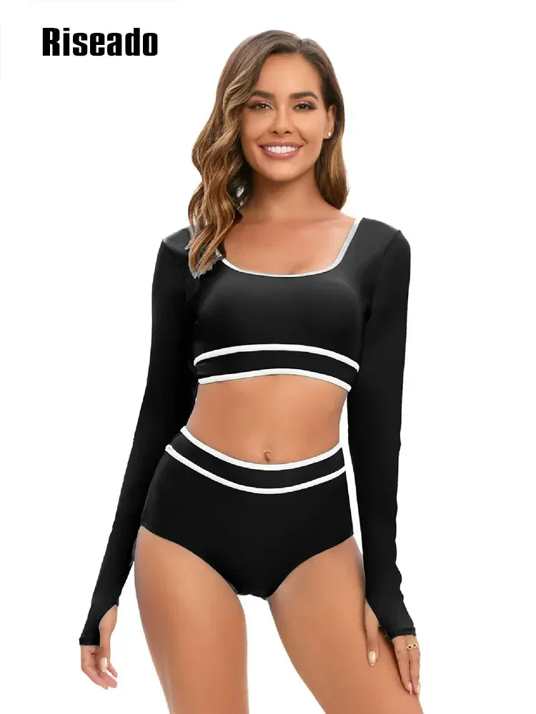 Riseado Bikini Set Womens Sexy High Waist Rash Guard Swimwear Long Sleeve 2 Pcs Classical Swimsuit