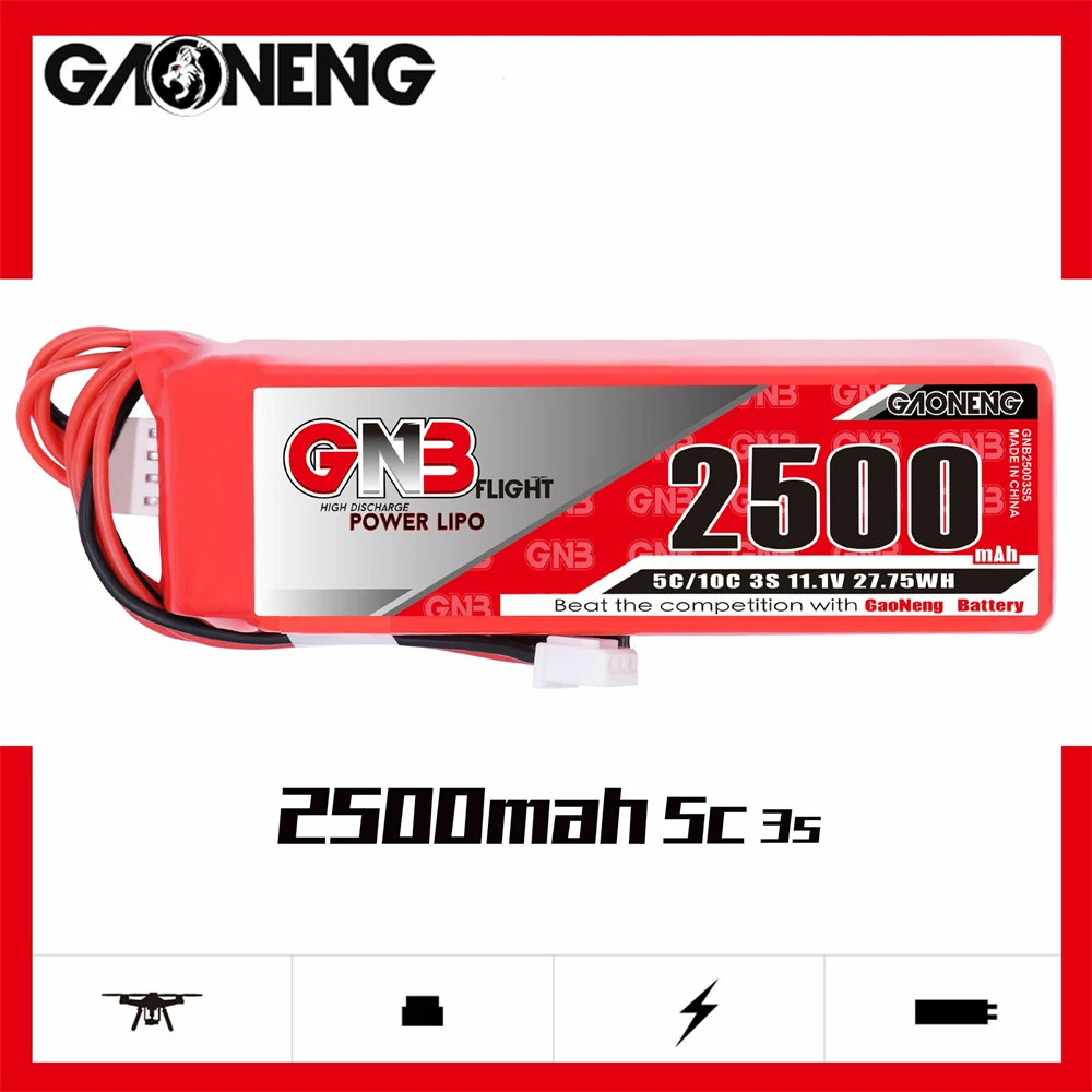 

GAONENG GNB 2500mAh 3S 11.1V 5C LiPo Battery With XH2.54 FUTABA JR JST Connector for FrSky Taranis X9D Transmitter