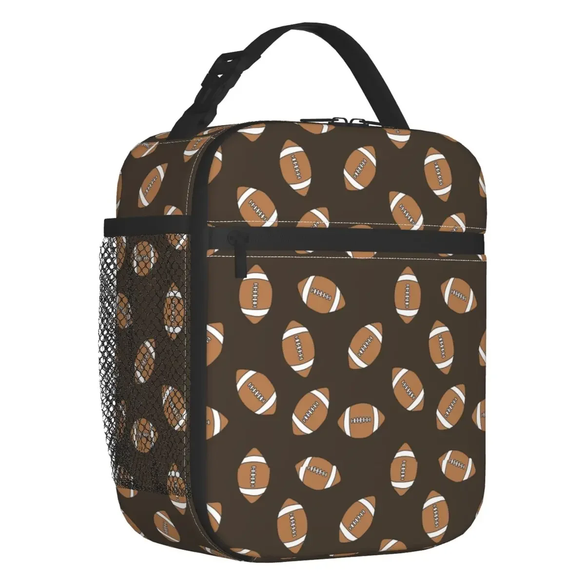 

American Football Doodle Pattern Insulated Lunch Tote Bag Rugby Ball Resuable Cooler Thermal Food Lunch Box Work School Travel