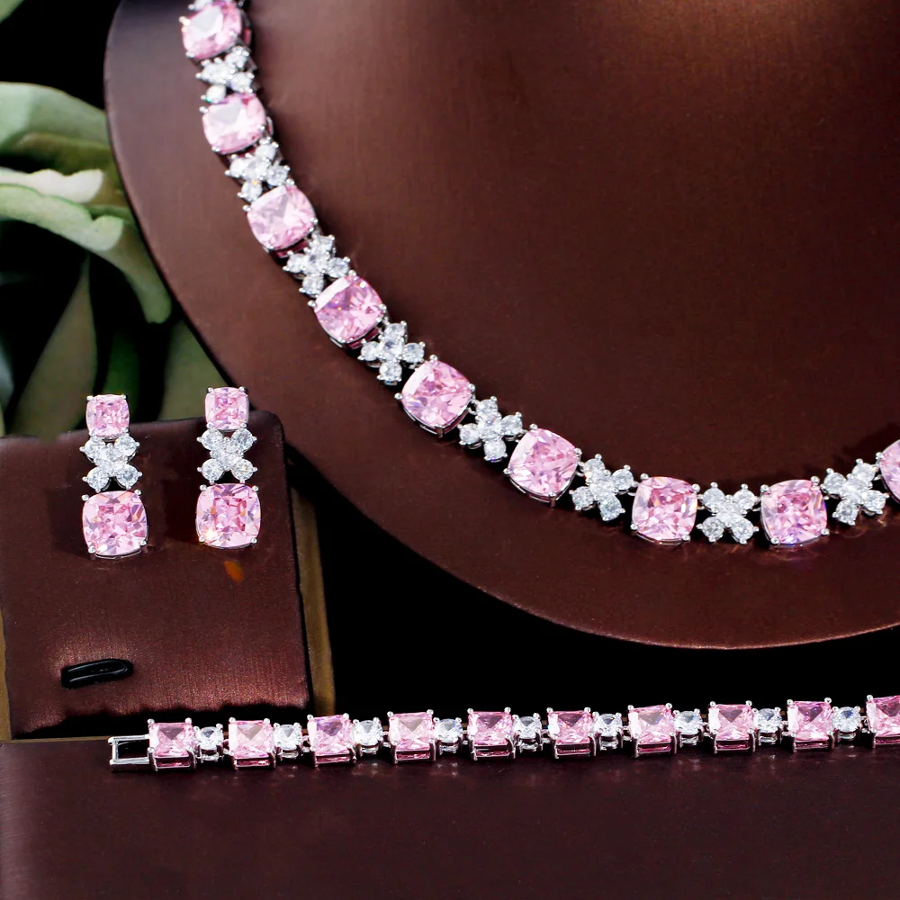 Pink Stone Wedding Jewelry Set | Pink Necklace Earring Set