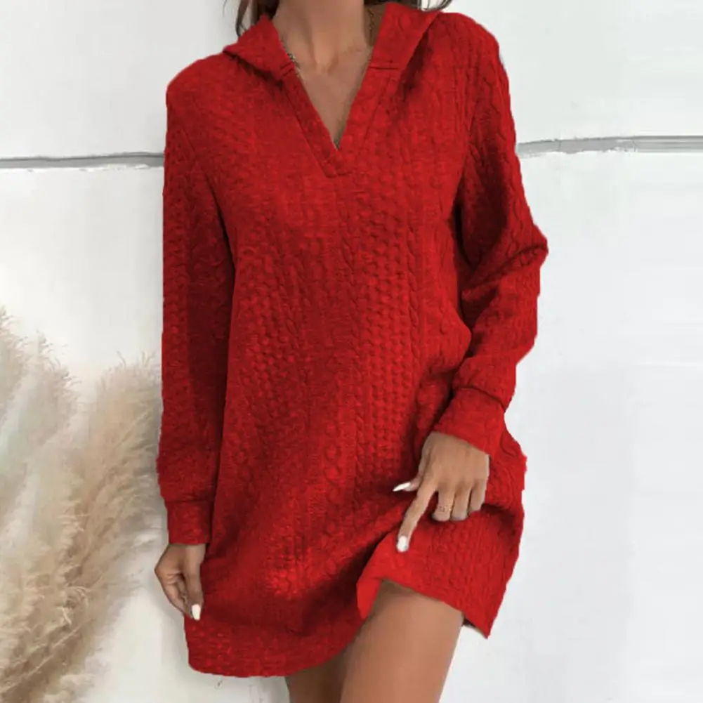 

Solid Color Long-sleeve Dress Cozy Hooded V-neck Women's Dress with Applique Detailing Long Sleeve Pullover Above Knee for Fall