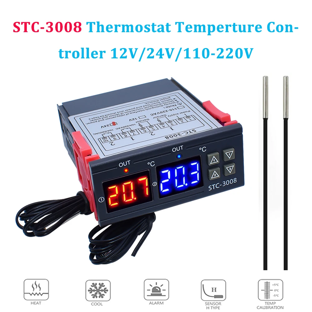 STC-3008 듀얼 디지털 LED 온도 컨트롤러 온도 조절기 인큐베이터, 프로브 포함 릴레이 출력 온도조절기 2 개, 12V, 24V, 220V