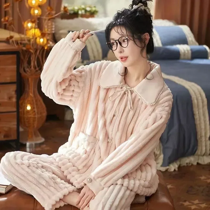 

Pyjamas Trousers Set Pajamas Sleeve Turn-down Women Warm Winter Breasted Sweet Long Pijama Thicker Single Collar Flannel Elegant