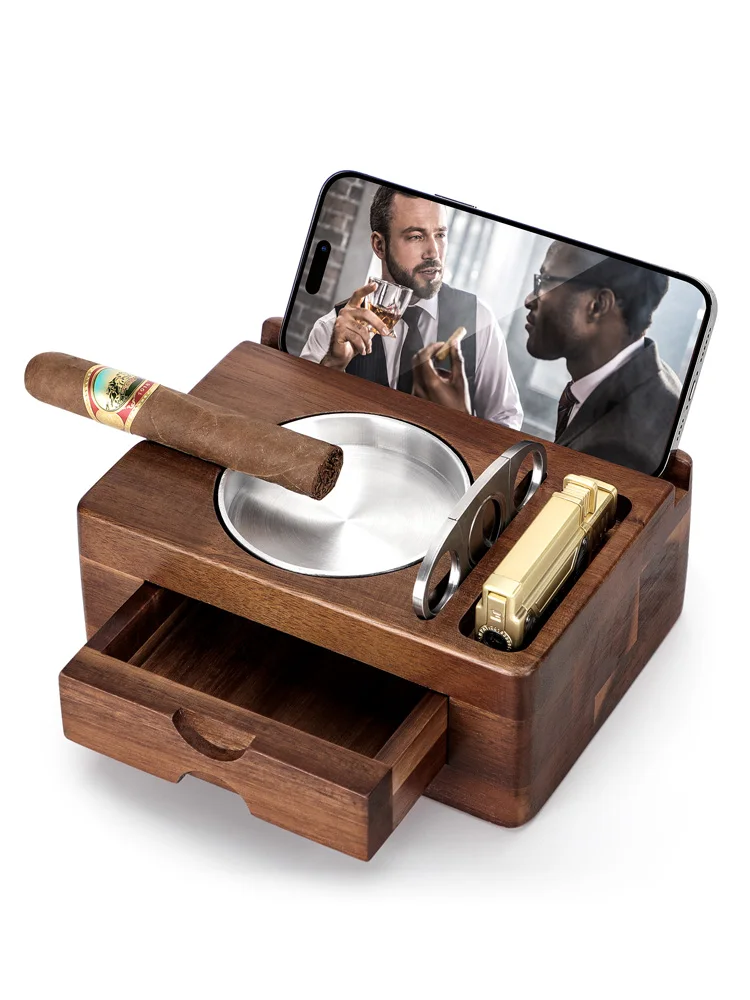 Cigar Ashtray Wooden Cigar Ashtray with Drawer Cutter Phone Holder Tablet Accessories Gift for Men cigar ashtray