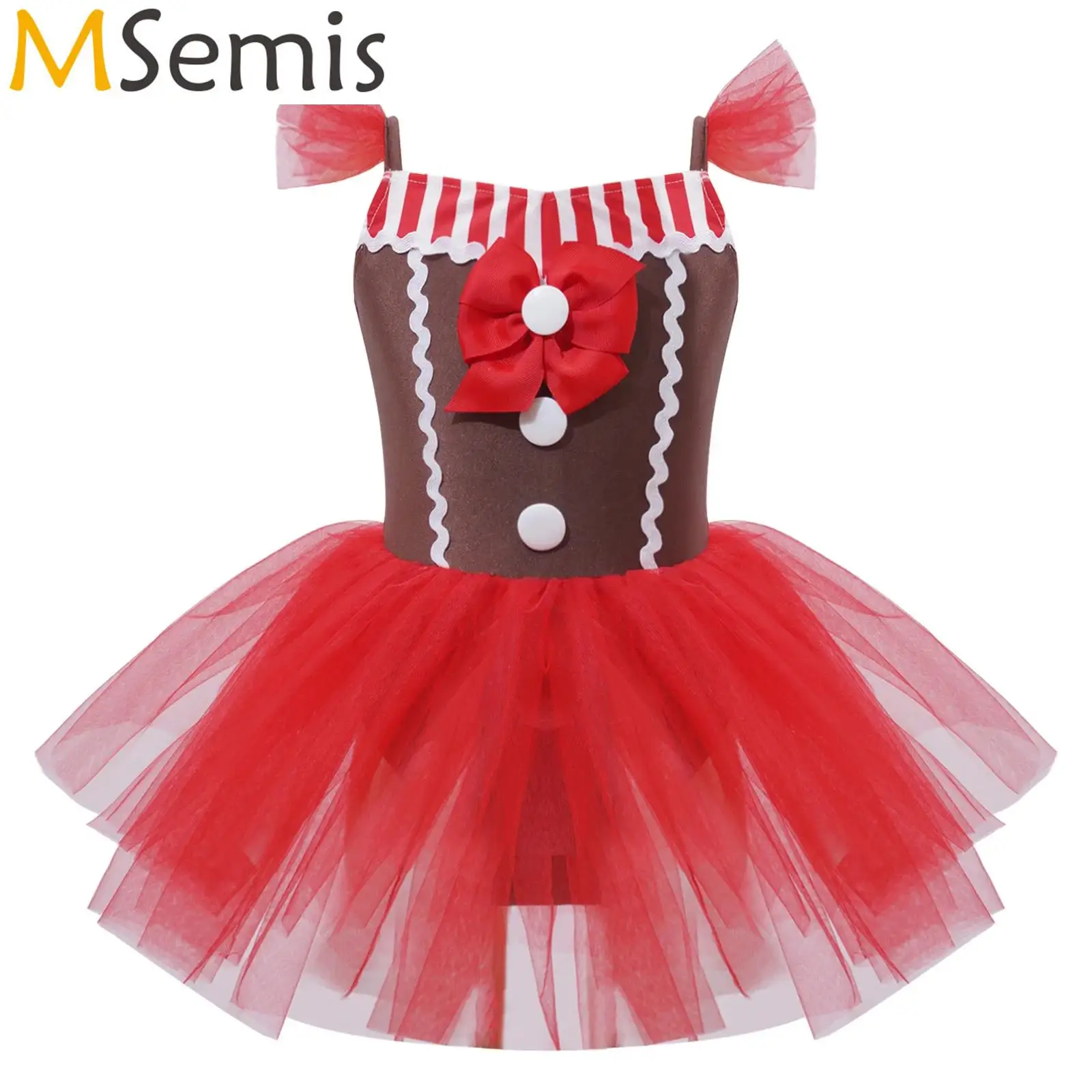 

Kids Girls Christmas Gingerbread Man Costumes Santa Dress Up Ballet Ballerina Dancewear Sleeveless Tulle Tutu Dress Performance