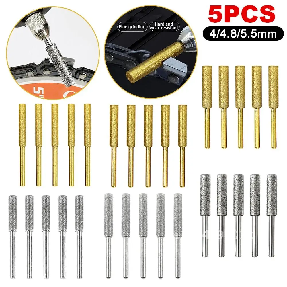 

5PCS/Set Chainsaw Sharpener Stone File Diamond Coated Cylindrical Burr 4.0/4.8/5.5mm Chain Saw Sharpening Carving Grinding Tools