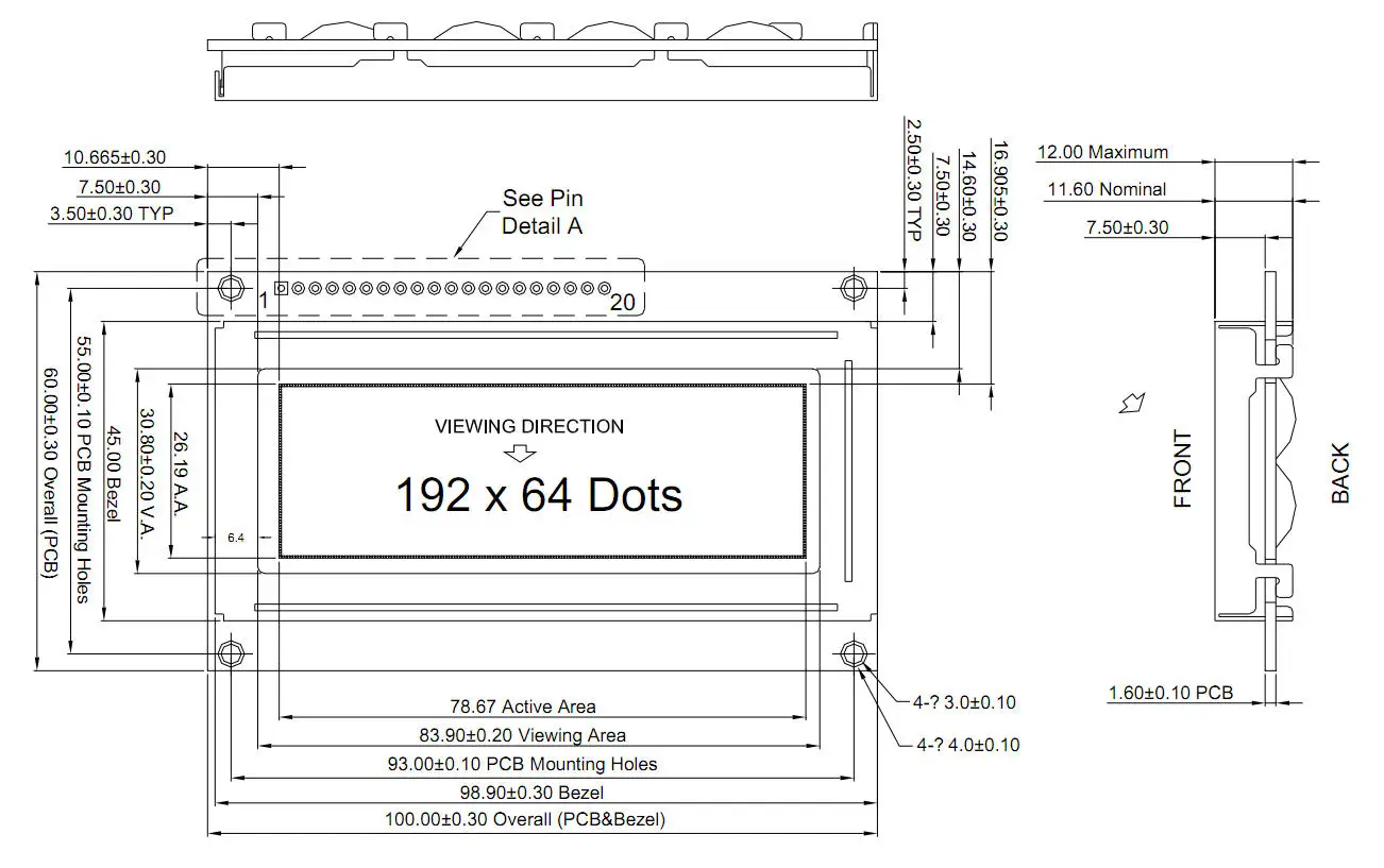 3.3"Display 192x64 19264 LCD Monochrome Module,White on Blue