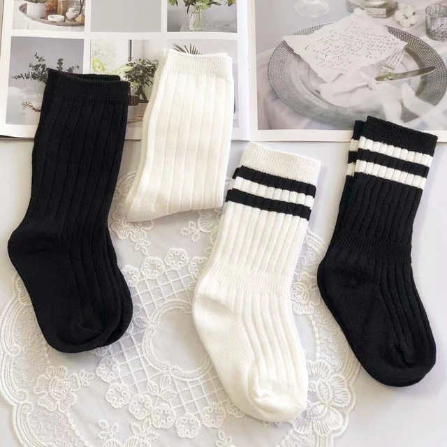 Calcetines altos de algodón para niños y niñas, medias largas de punto  blanco y negro, para la escuela, primavera y otoño, novedad - AliExpress