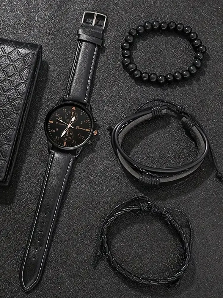 4pcs Fashion Business Leisure Round Men's Belt Quartz Watch with Woven Bracelet Set 5