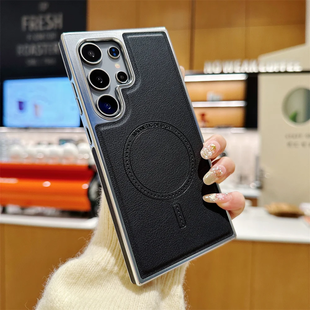 Electroplated Leather Magnetic Phone Case with Wireless Charging and Shockproof Protection