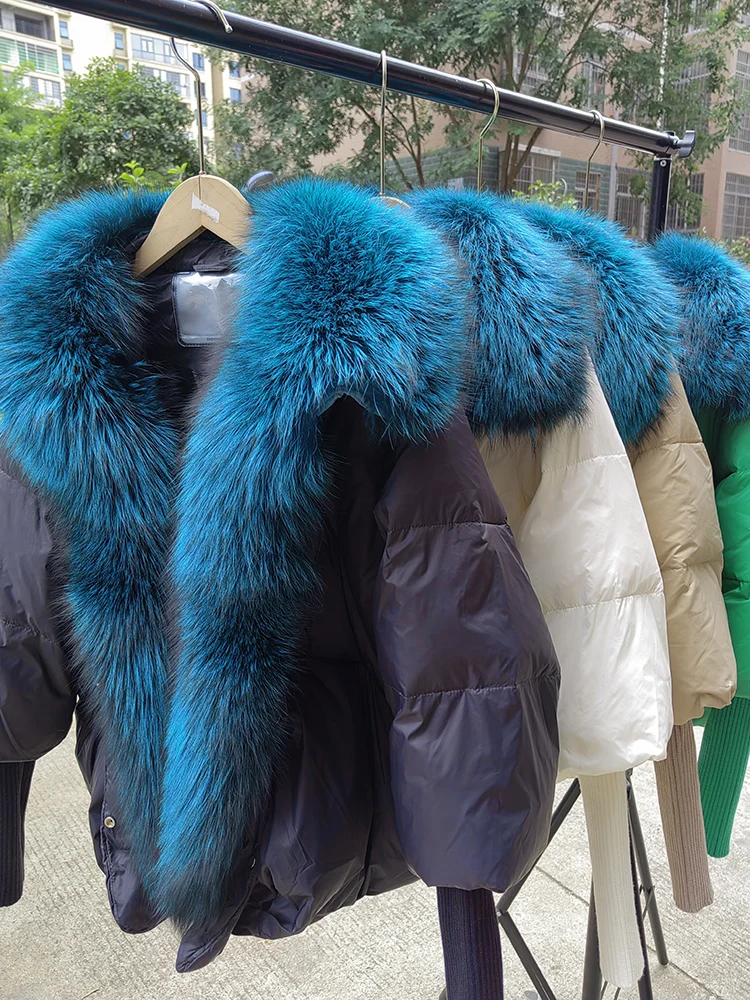 Female Large Fox Fur Collar Outerwear Thick Warm Fur Real Fur Coat Winter Jacket Women White Duck Down Jackets Hooded