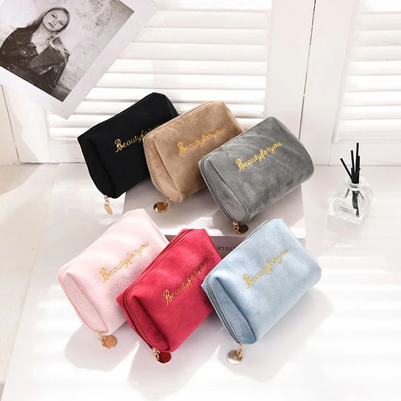 

1PC Cosmetic Bag For Women Solid Color Makeup Bag Pouch Toiletry Bag Make Up Purses Case Zipper Velvet Make Up Brush Lipstick