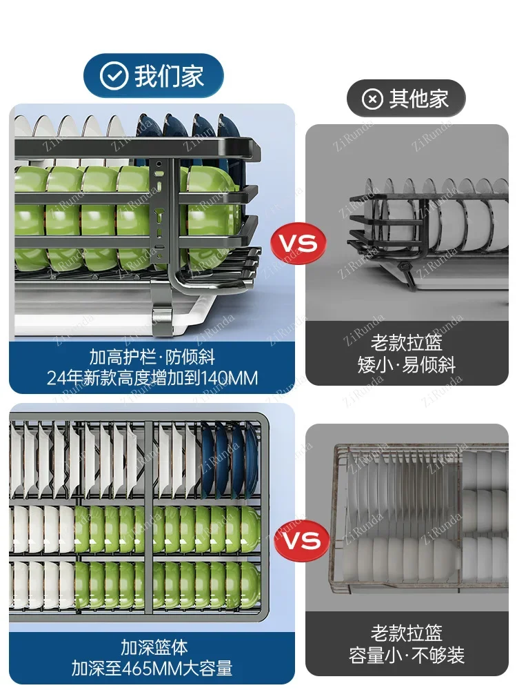Basket Kitchen Cabinet 304 Stainless Steel Dishes Cupboard Double Kitchen Cabinet Bowl Rack