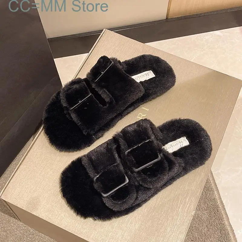 Winter Fashion Women Buckle Fluffy Slipper Casual  Platform Home Outside Soft Artificial Fur Slides Shoe New