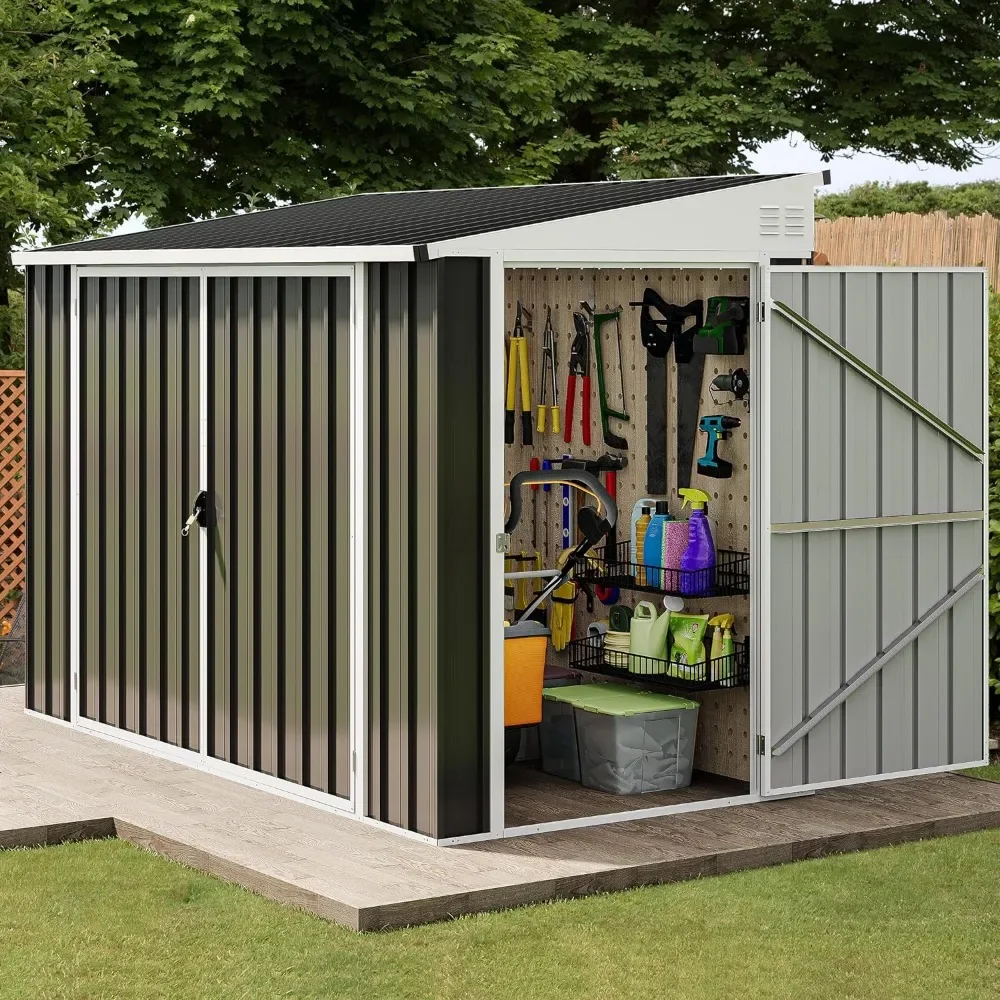 

Large Metal Outdoor Storage Shed, 8x4ft Heavy Duty Garden Shed with 3 Lockable Doors & Air Vent & Sloped Roof, Waterproof