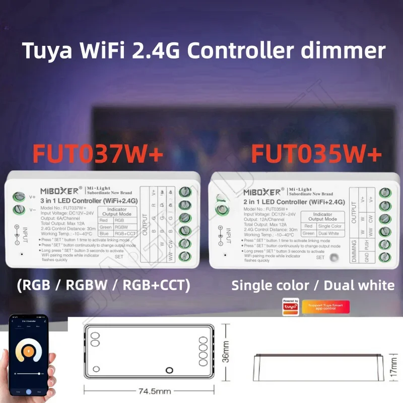 

Miboxer Tuya WiFi Controller Dimmer FUT035W+ /FUT037W+ 3IN 1 /2in1 Single Color Dual White RGB RGBW RGBCCT LED Strip Tape Light