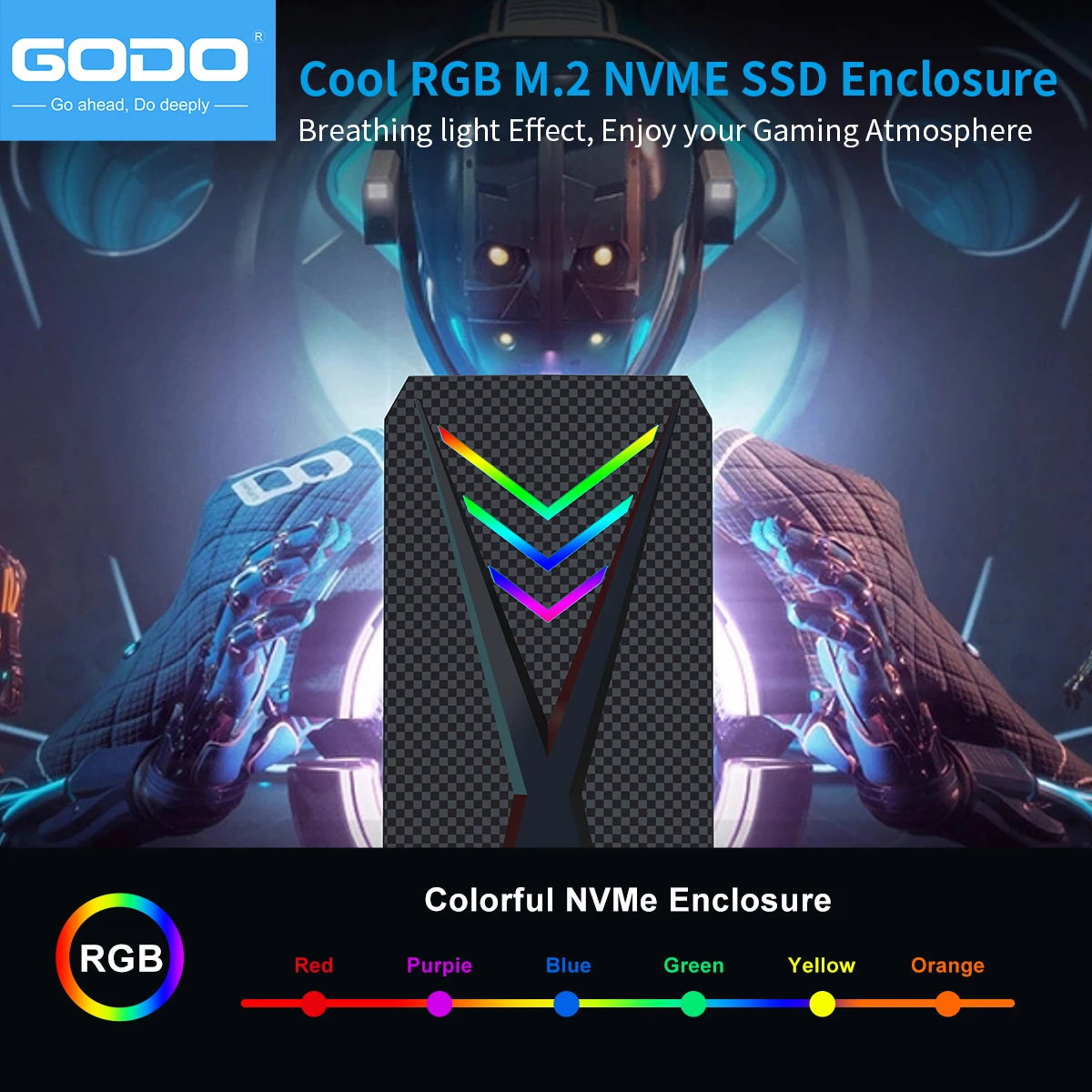 GODO RGB M.2 PCIe NVMe SSD External Enclosure Portable USB C to M.2 Nvme Sata Adapter Tool Free 10Gbps USB C 3.1 external hard drive case ssd enclosure hard drive enclosure hard disk case external hard drive box hdd case enclosure hard drive adapter ssd adapter