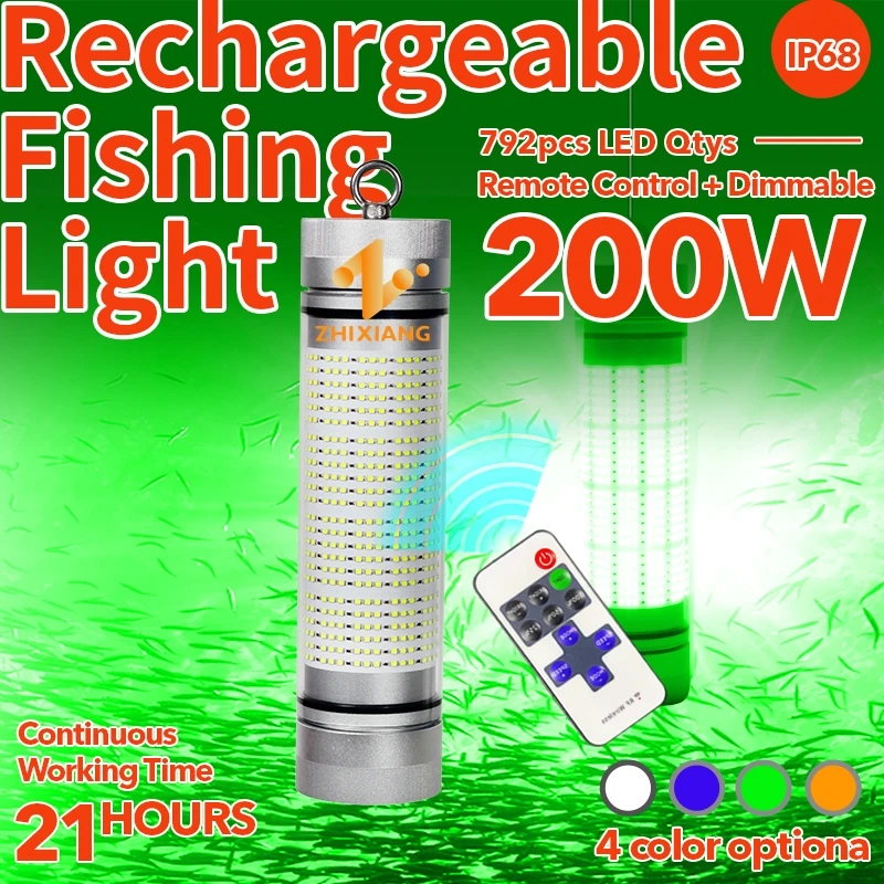 100w 200W Internal Battery Rechargeable LED Fishing Light Fishing Finder  Lights Green Color Squid Attracts Lights