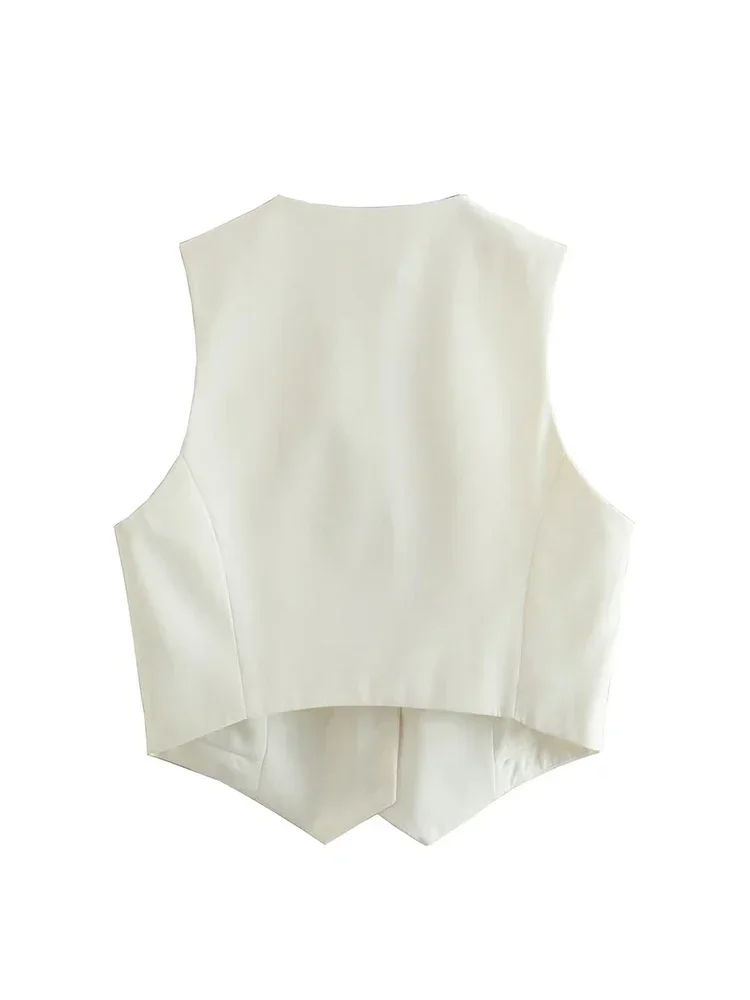 Aoaiiys Vest Women Cropped Waistcoat Fashion Front Buttons Tops Vintage V Neck Sleeveless Female Outerwear White Chic Vests New 6