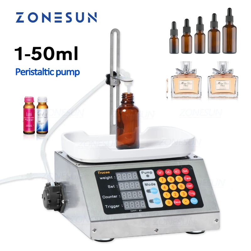 

ZONESUN ZS-M90 0-50ml Small Automatic CNC Liquid Filling Machine Perfume Weighing Filling Machine Oral Liquid Solution Filler