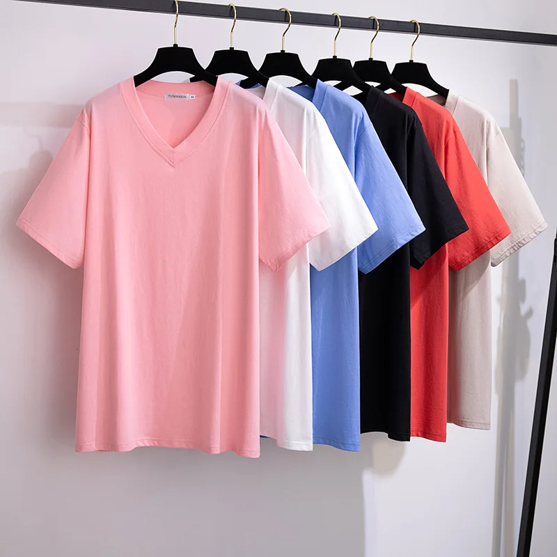 175Kg 7XL Plus Size Women\'s Bust 170 Summer Loose Solid Short-Sleeved V-Neck T-Shirt 2XL 3XL 4XL 5XL 6XL 7XL 6Colors