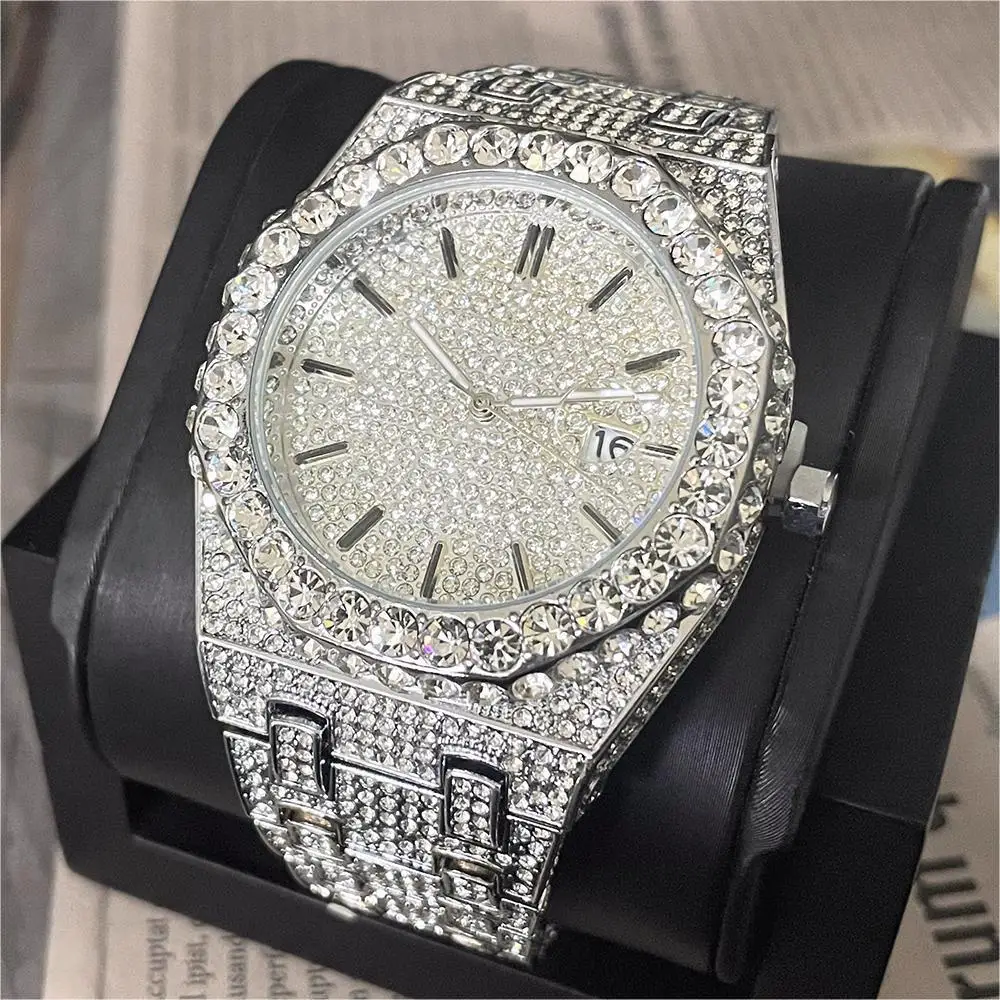 MISSFOX Luxury Iced Watch Men Automatic Date Fashion Waterproof Quartz Clocks Hip Hop Full Diamond jewelry Wristwatches 2023 New