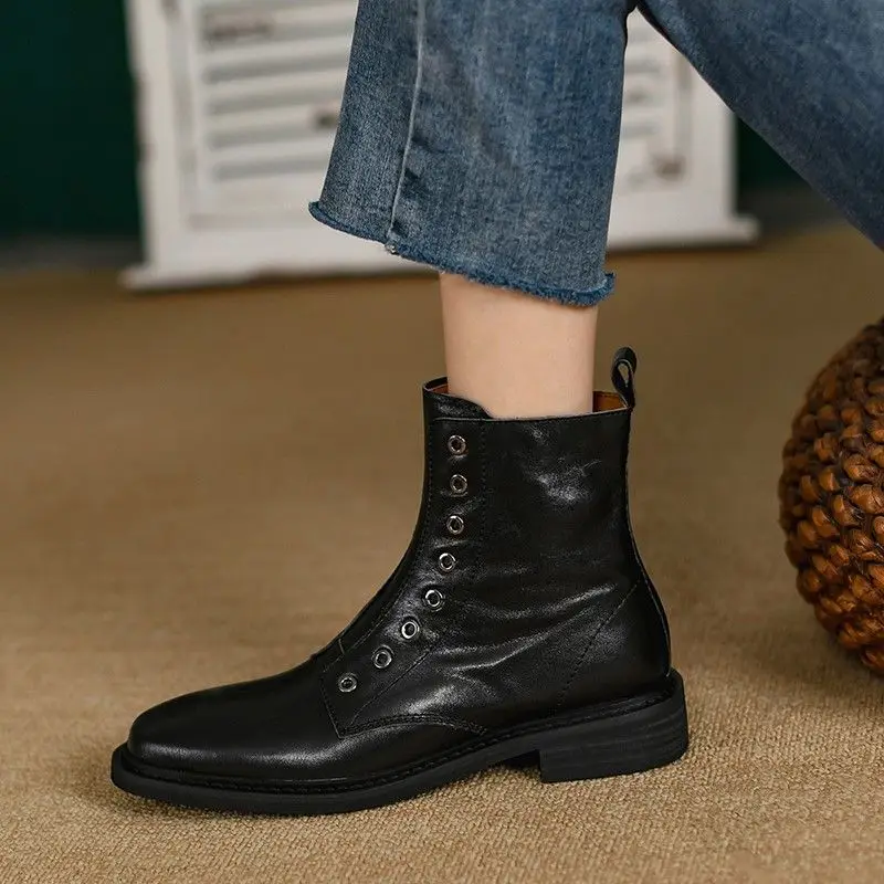 

Side Zippers Outdoor Shoes Woman Ankle Boots Simple Stylel Women Winter Boots Autumn Spring Concise Cowhide Ladies Warm Shoes