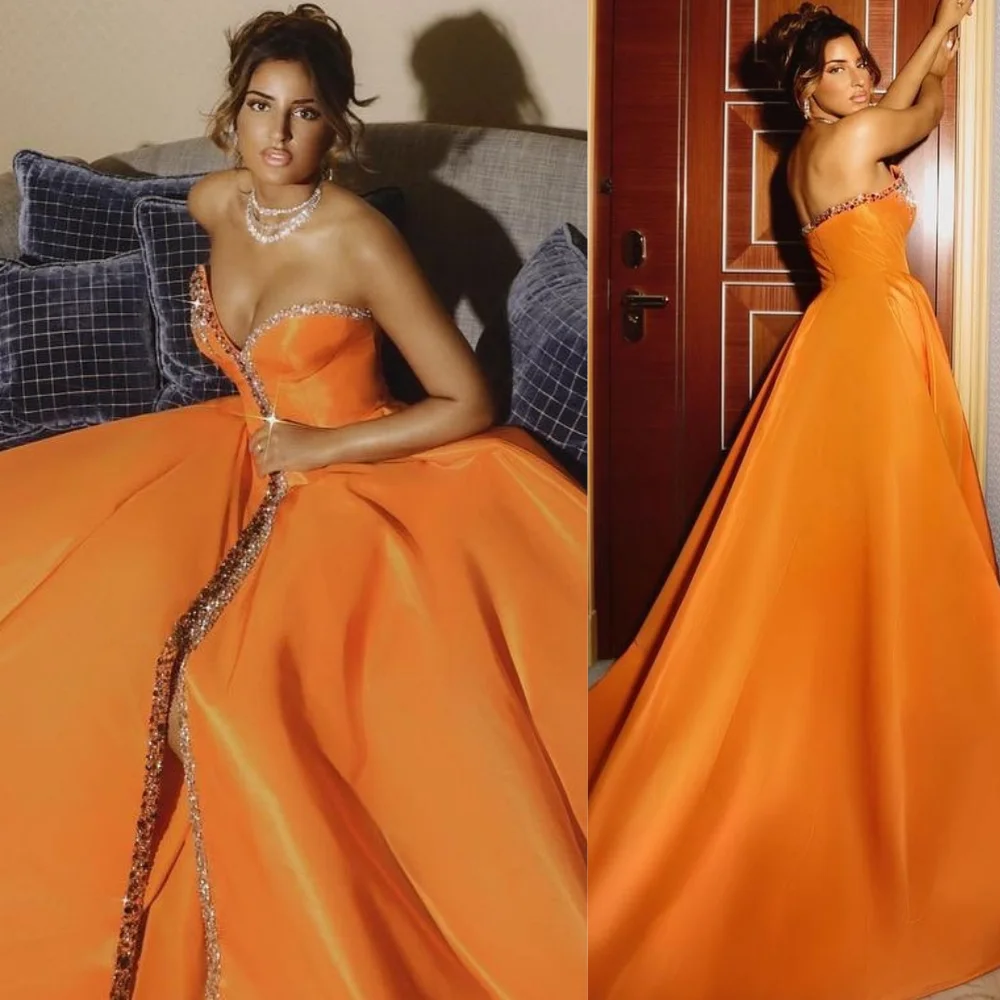 Satin Beading Celebrity Ball Gown Strapless Bespoke Occasion Gown Long Dresses