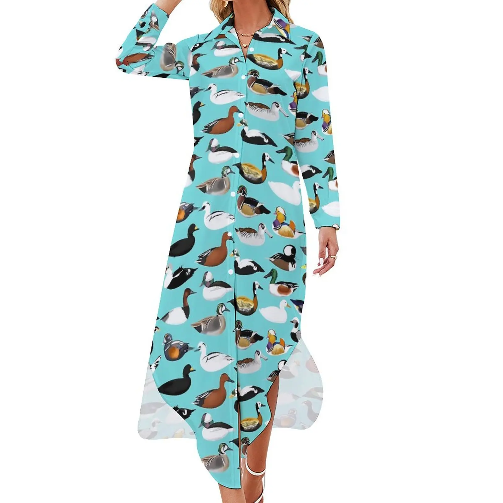 

Many Ducks Casual Dress Animal Print Street Style Dresses Sexy V Neck Festival Chiffon Dress Long Sleeve Vestido 3XL 4XL 5XL