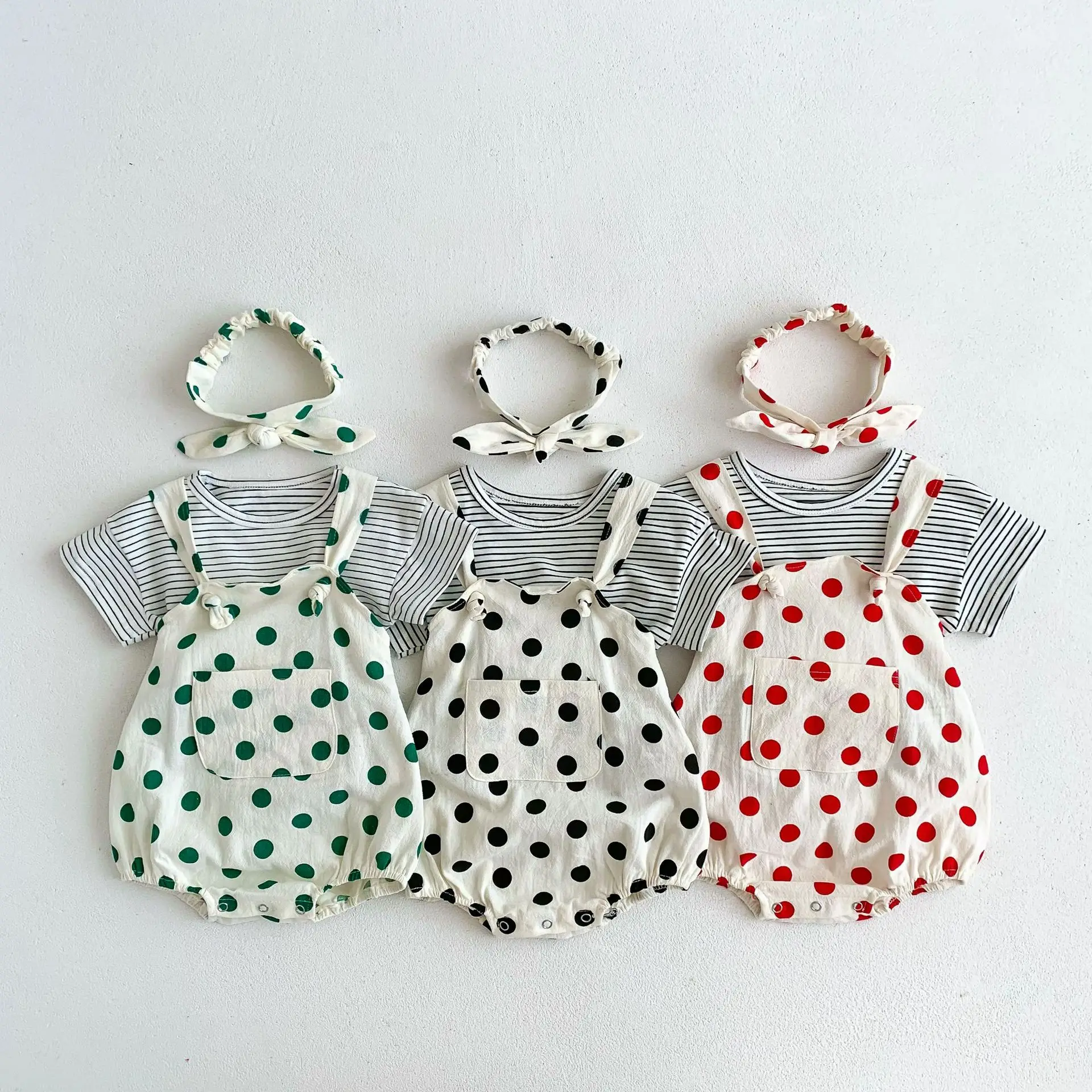 

VISgogo Boys Girls Cute Summer Clothes Polka Dot Romper Short Sleeve Black Striped T-shirt Headband Jumpsuit Overalls Outfit