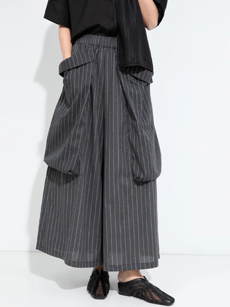 [EAM] High Elastic Waist Gray Striped Big Pocket Wide Leg Pants New Trousers Women Fashion Tide Spring Autumn 2026 1DJ7107