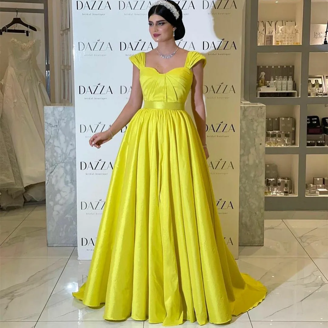 

Off Shoulder Long Taffeta Yellow Evening Dresses With Pockets فساتين السهرة A-Line Pleated Prom Dress Robe de soirée for Women