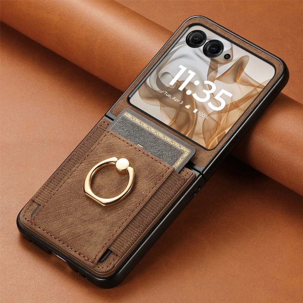 Premium Retro Plain PU Leather Wallet Phone Case with Card Slot and Ring Bracket - Shockproof Cover