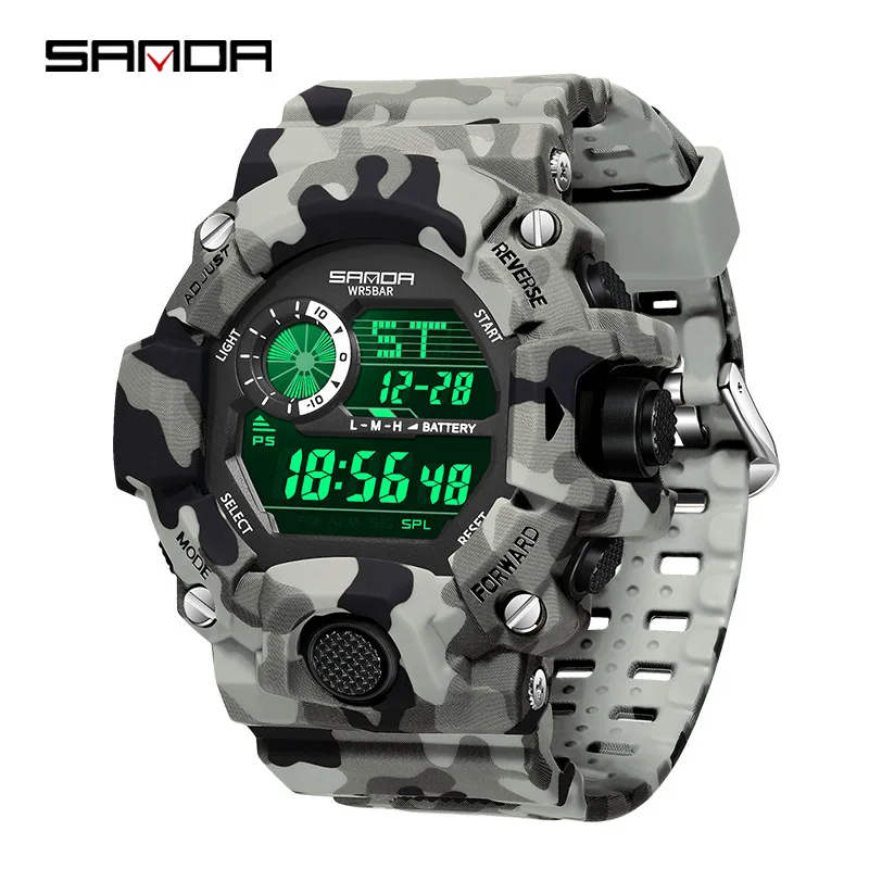 SANDA 2183 Electronic Watch Fashion Military Camo Waterproof Outdoors Sports Digital Display Silicone Strap Wristwatchs for Men 3