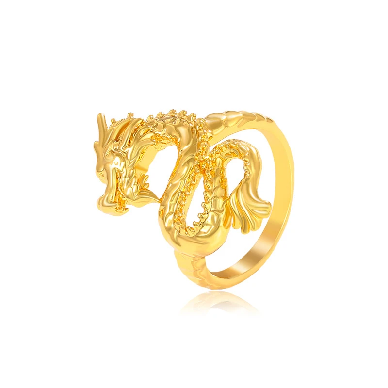 Soild 18K Yellow Gold Stereoscopic Dragon Ring for Men Adjustable